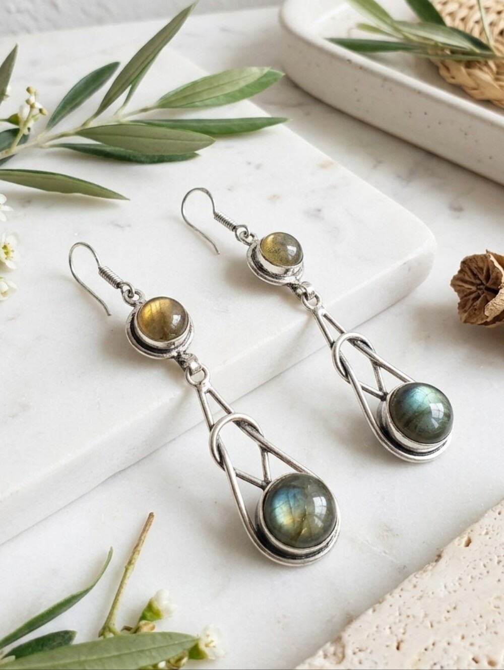 925 Sterling Silver Genuine Labradorite Drop Earrings Bohemian Wire Wrap 2.8"